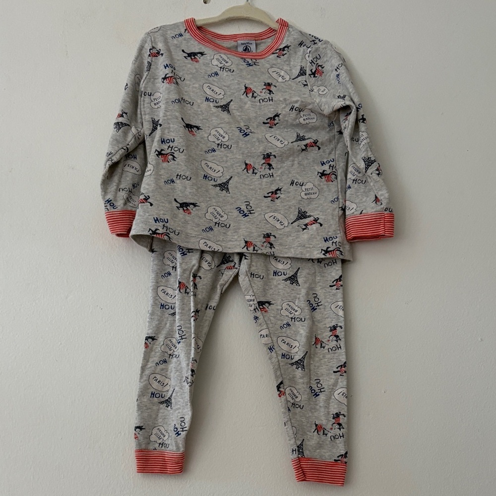 Petit Bateau Gray Pajama Set with Red Stripes